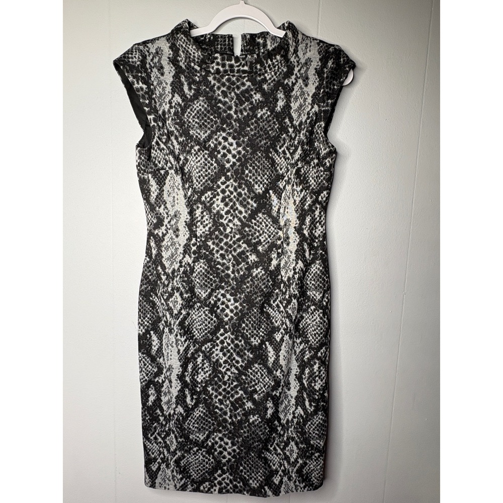 Nine West Women Grey Snakeskin Mock Neck Sleeveless Sheath Dress Knee‎ Lenght